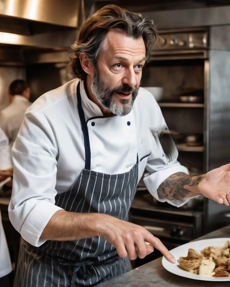 Chef Burciel de Chivers, greying beard and swept-back hair, in chef’s whites and a striped apron, gesturing towards a plated dish at the pass of a busy kitchen.